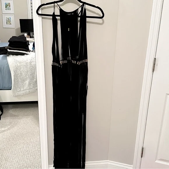 Black Fringe Maxi Cover Up One Size Halter Sheer Beach Dress Gold Waist Detail - Picture 12 of 14